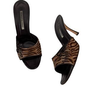 Manolo Blahnik Zebra Calf Hair Mule Heel Sandals Lace Up Kitten EU 40 Y2K